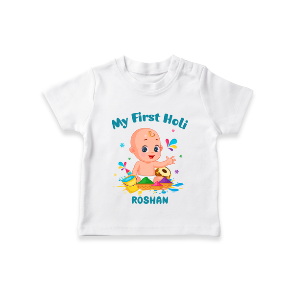 My First Holi - A Festival Of Fun & Love With Our Customized T-Shirt For Kids With Name - WHITE - 0-5 Months Old (Chest 17")