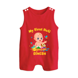 My First Holi - A Festival Of Fun & Love With Our Customized Romper Suit For Babies With Name - RED - 0 - 5 Months Old (Chest 18")