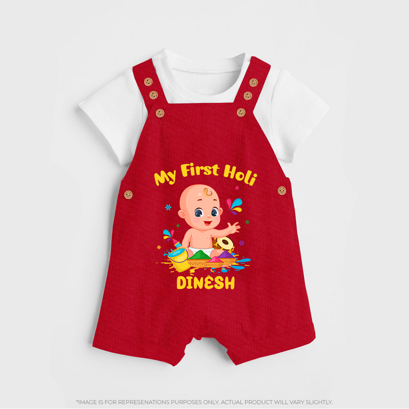 My First Holi - A Festival Of Fun & Love With Our Customized Dungaree Set For Kids With Name - RED - 0 - 5 Months Old (Chest 18")