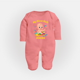 My First Holi - A Festival Of Fun & Love With Our Customized Sleep Suit For Babies With Name - PEACH - New Born (Chest 7.5")