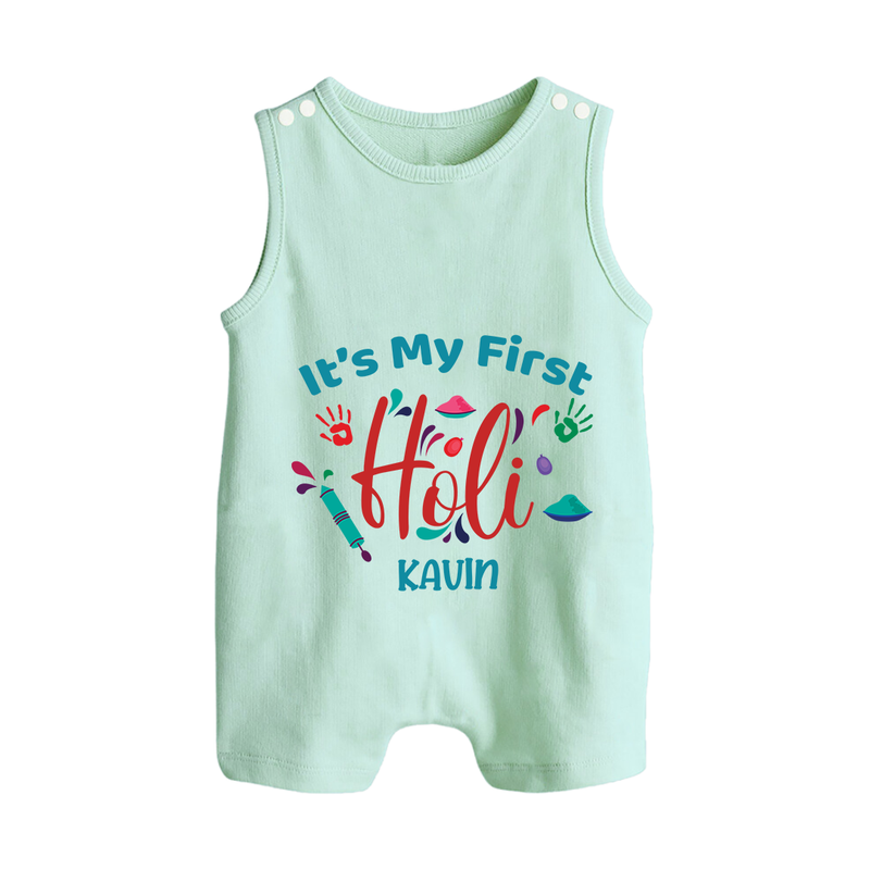 My First Holi - Let The Colors Speak With Our Customized Romper Suit For Babies With Name - MINT GREEN - 0 - 5 Months Old (Chest 18")