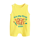 My First Holi - Let The Colors Speak With Our Customized Romper Suit For Babies With Name - PASTEL YELLOW - 0 - 5 Months Old (Chest 18")