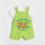 My First Holi - Let The Colors Speak With Our Customized Dungaree Set For Kids With Name - GREEN - 0 - 5 Months Old (Chest 18")