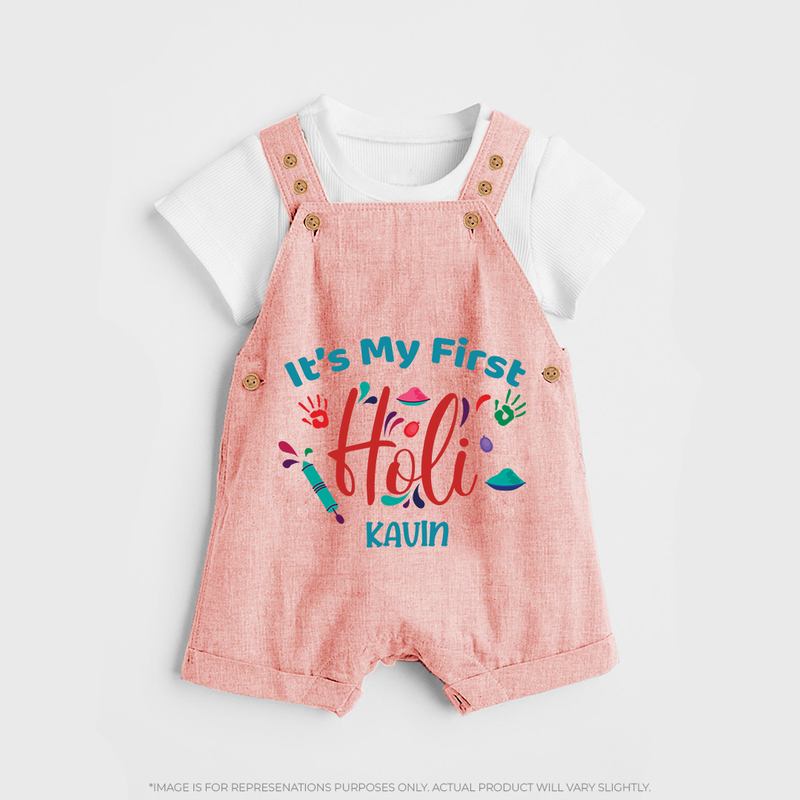 My First Holi - Let The Colors Speak With Our Customized Dungaree Set For Kids With Name - PEACH - 0 - 5 Months Old (Chest 18")