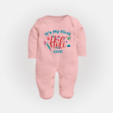 My First Holi - Let The Colors Speak With Our Customized Sleep Suit For Babies With Name - BABY PINK - New Born (Chest 7.5")