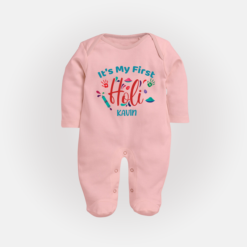 My First Holi - Let The Colors Speak With Our Customized Sleep Suit For Babies With Name - BABY PINK - New Born (Chest 7.5")