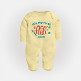 My First Holi - Let The Colors Speak With Our Customized Sleep Suit For Babies With Name - PASTEL YELLOW - New Born (Chest 7.5")