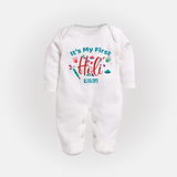 My First Holi - Let The Colors Speak With Our Customized Sleep Suit For Babies With Name - WHITE - New Born (Chest 7.5")