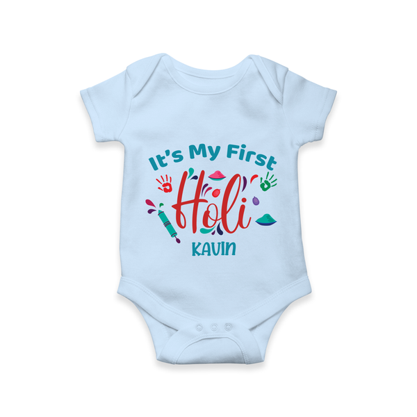 My First Holi - Let The Colors Speak With Our Customized Romper For Babies With Name - BABY BLUE - 0 - 3 Months Old (Chest 16")