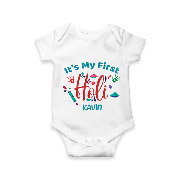 My First Holi - Let The Colors Speak With Our Customized Romper For Babies With Name - WHITE - 0 - 3 Months Old (Chest 16")