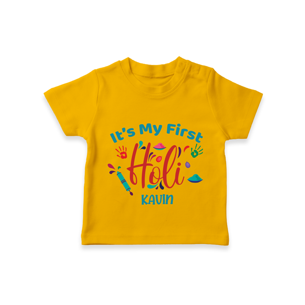 My First Holi - Let The Colors Speak With Our Customized T-Shirt For Kids With Name - CHROME YELLOW - 0-5 Months Old (Chest 17")