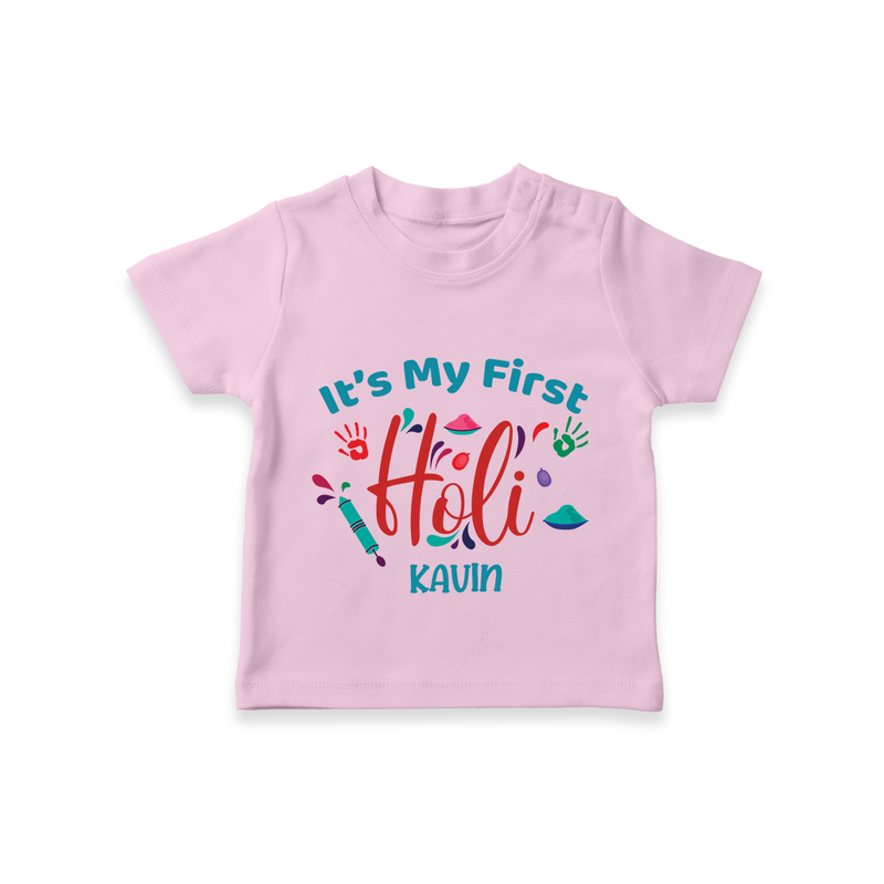 My First Holi - Let The Colors Speak With Our Customized T-Shirt For Kids With Name - PINK - 0-5 Months Old (Chest 17")