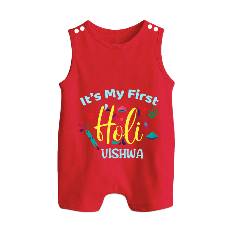 My First Holi - Let The Colors Speak With Our Customized Romper Suit For Babies With Name - RED - 0 - 5 Months Old (Chest 18")