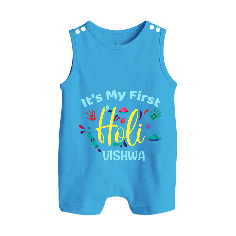 My First Holi - Let The Colors Speak With Our Customized Romper Suit For Babies With Name - ROYAL BLUE - 0 - 5 Months Old (Chest 18")