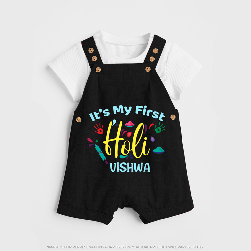 My First Holi - Let The Colors Speak With Our Customized Dungaree Set For Kids With Name - BLACK - 0 - 5 Months Old (Chest 18")