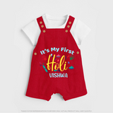 My First Holi - Let The Colors Speak With Our Customized Dungaree Set For Kids With Name - RED - 0 - 5 Months Old (Chest 18")