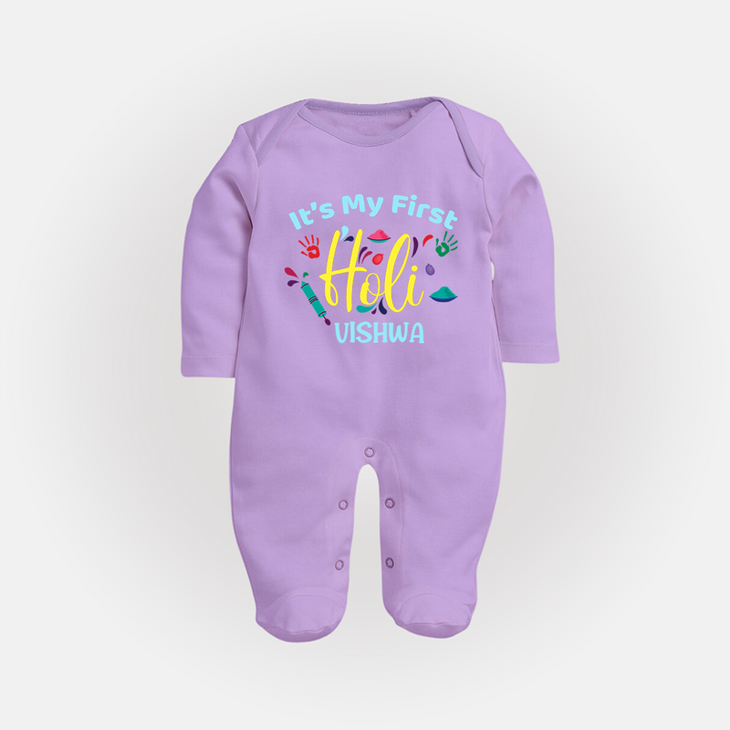 My First Holi - Let The Colors Speak With Our Customized Sleep Suit For Babies With Name - LILAC - New Born (Chest 7.5")