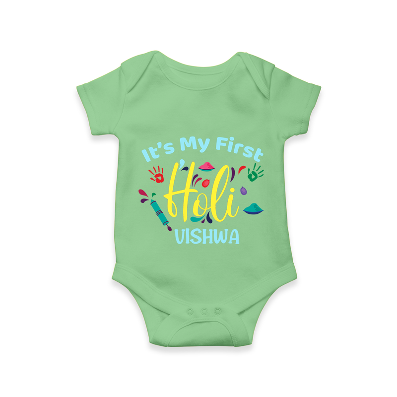 My First Holi - Let The Colors Speak With Our Customized Romper For Babies With Name - GREEN - 0 - 3 Months Old (Chest 16")