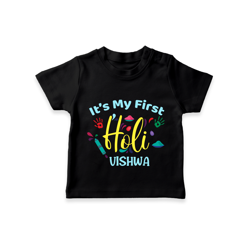 My First Holi - Let The Colors Speak With Our Customized T-Shirt For Kids With Name - BLACK - 0-5 Months Old (Chest 17")