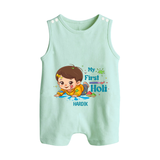 My First Holi - Tiny Hands, Big Colors With Our Customized Romper Suit For Babies With Name - MINT GREEN - 0 - 5 Months Old (Chest 18")