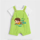 My First Holi - Tiny Hands, Big Colors With Our Customized Dungaree Set For Kids With Name - GREEN - 0 - 5 Months Old (Chest 18")