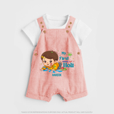 My First Holi - Tiny Hands, Big Colors With Our Customized Dungaree Set For Kids With Name - PEACH - 0 - 5 Months Old (Chest 18")