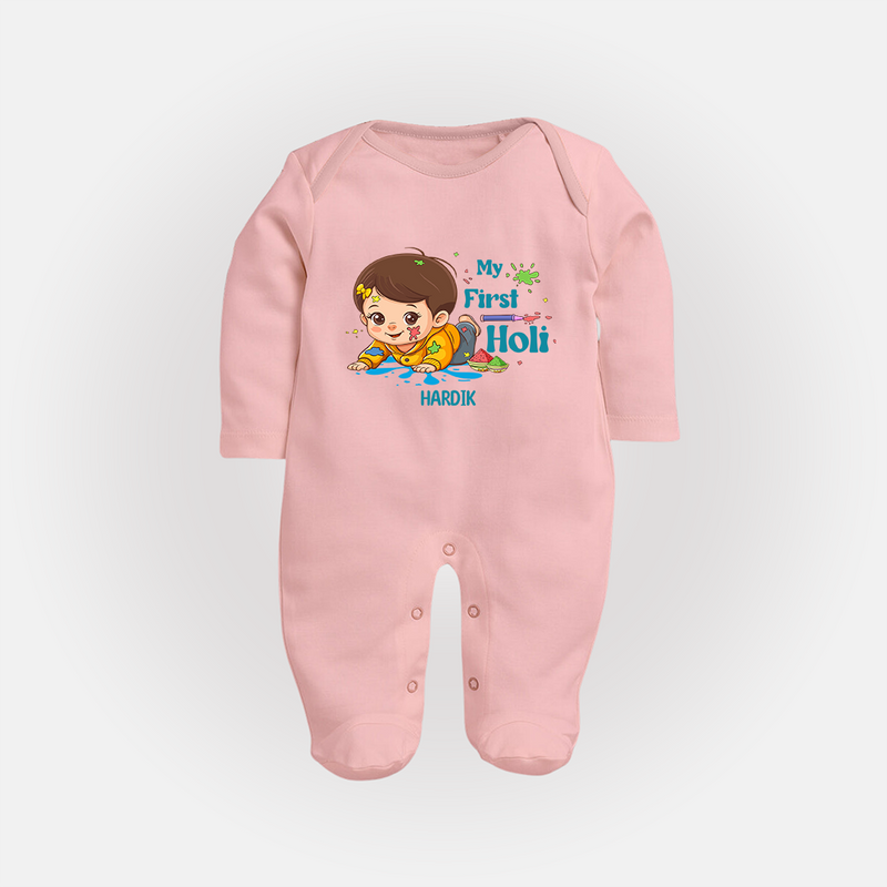 My First Holi - Tiny Hands, Big Colors With Our Customized Sleep Suit For Babies With Name - BABY PINK - New Born (Chest 7.5")