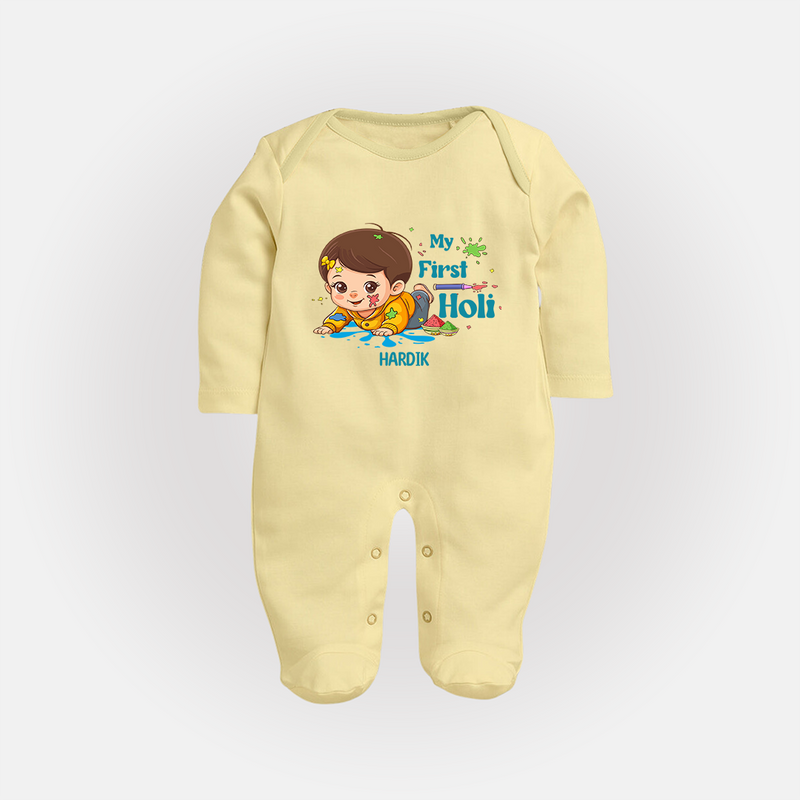 My First Holi - Tiny Hands, Big Colors With Our Customized Sleep Suit For Babies With Name - PASTEL YELLOW - New Born (Chest 7.5")