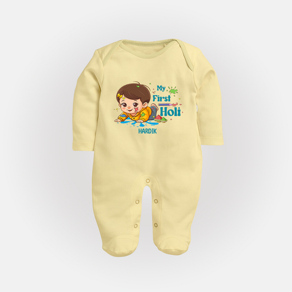 Baby’s First Holi Custom Name Fullbody Suit - PASTEL YELLOW - New Born (Chest 7.5")