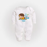 My First Holi - Tiny Hands, Big Colors With Our Customized Sleep Suit For Babies With Name - WHITE - New Born (Chest 7.5")