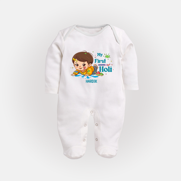 My First Holi - Tiny Hands, Big Colors With Our Customized Sleep Suit For Babies With Name - WHITE - New Born (Chest 7.5")