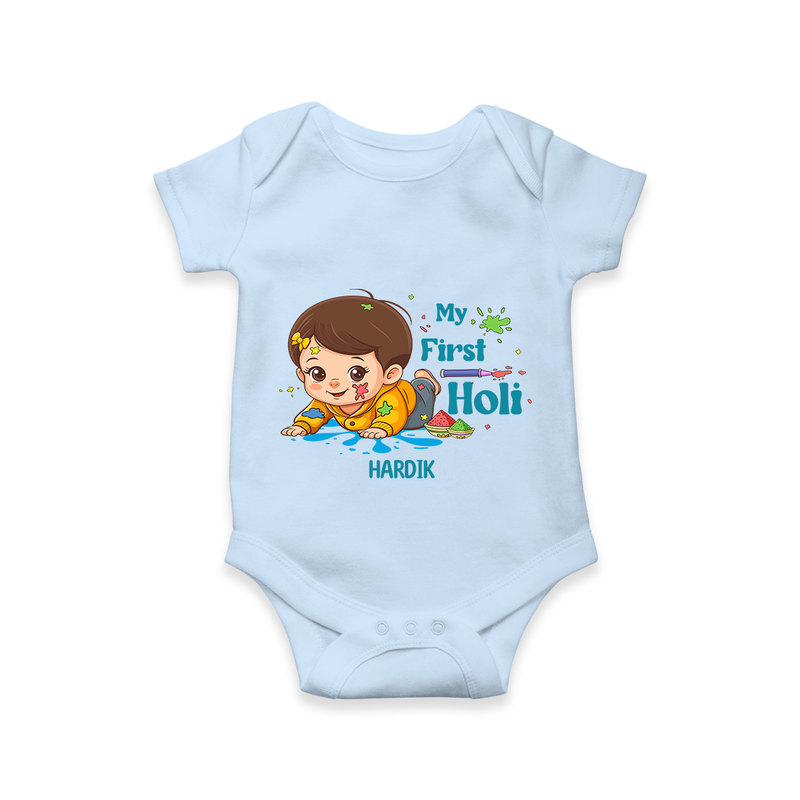 My First Holi - Tiny Hands, Big Colors With Our Customized Romper For Babies With Name - BABY BLUE - 0 - 3 Months Old (Chest 16")