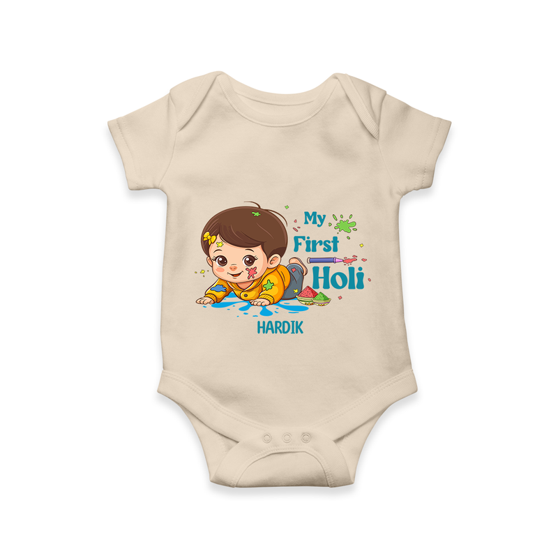 My First Holi - Tiny Hands, Big Colors With Our Customized Romper For Babies With Name - IVORY - 0 - 3 Months Old (Chest 16")