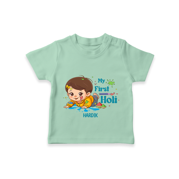 My First Holi - Tiny Hands, Big Colors With Our Customized T-Shirt For Kids With Name - MINT GREEN - 0-5 Months Old (Chest 17")