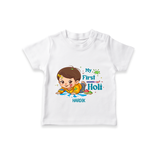 My First Holi - Tiny Hands, Big Colors With Our Customized T-Shirt For Kids With Name - WHITE - 0-5 Months Old (Chest 17")