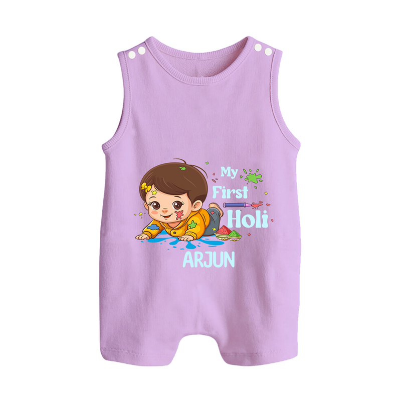 My First Holi - Tiny Hands, Big Colors With Our Customized Romper Suit For Babies With Name - LILAC - 0 - 5 Months Old (Chest 18")