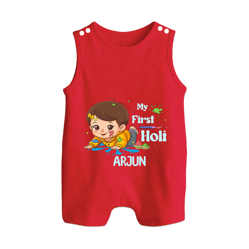 My First Holi - Tiny Hands, Big Colors With Our Customized Romper Suit For Babies With Name - RED - 0 - 5 Months Old (Chest 18")