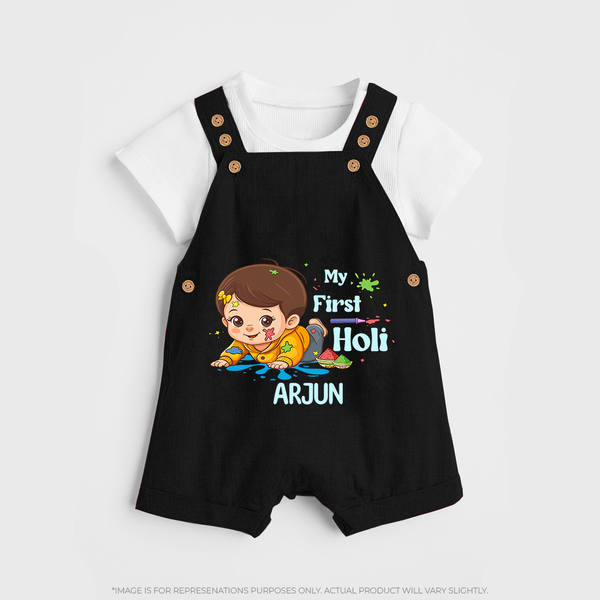 My First Holi - Tiny Hands, Big Colors With Our Customized Dungaree Set For Kids With Name - BLACK - 0 - 5 Months Old (Chest 18")