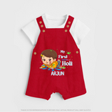 My First Holi - Tiny Hands, Big Colors With Our Customized Dungaree Set For Kids With Name - RED - 0 - 5 Months Old (Chest 18")