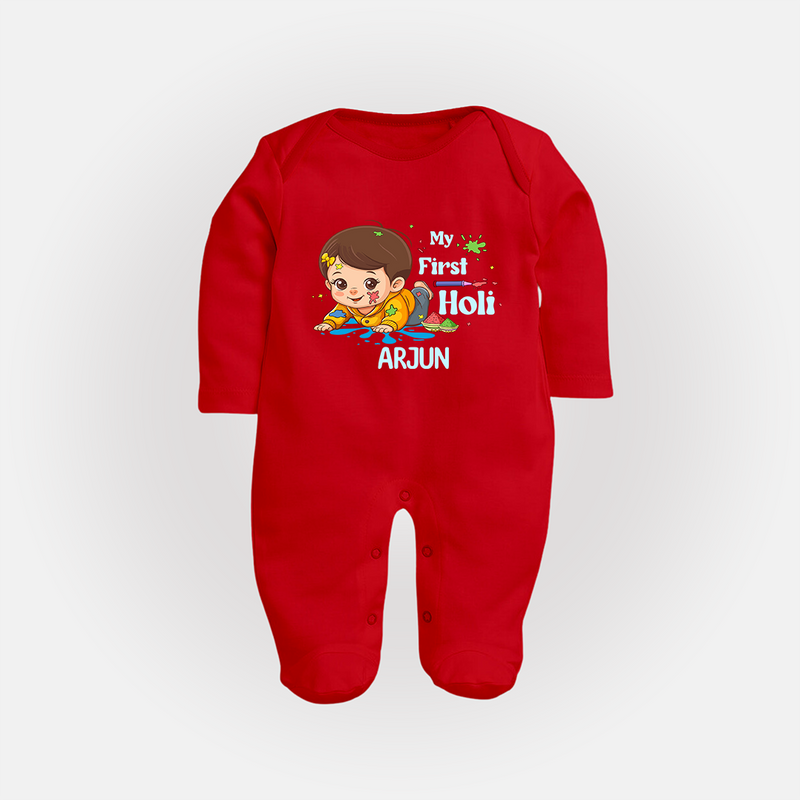 My First Holi - Tiny Hands, Big Colors With Our Customized Sleep Suit For Babies With Name - RED - New Born (Chest 7.5")