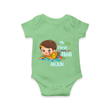 My First Holi - Tiny Hands, Big Colors With Our Customized Romper For Babies With Name - GREEN - 0 - 3 Months Old (Chest 16")