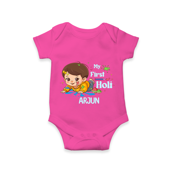 My First Holi - Tiny Hands, Big Colors With Our Customized Romper For Babies With Name - HOT PINK - 0 - 3 Months Old (Chest 16")