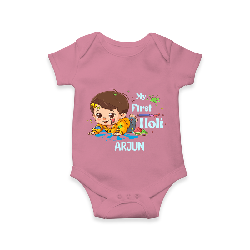 My First Holi - Tiny Hands, Big Colors With Our Customized Romper For Babies With Name - ONION - 0 - 3 Months Old (Chest 16")