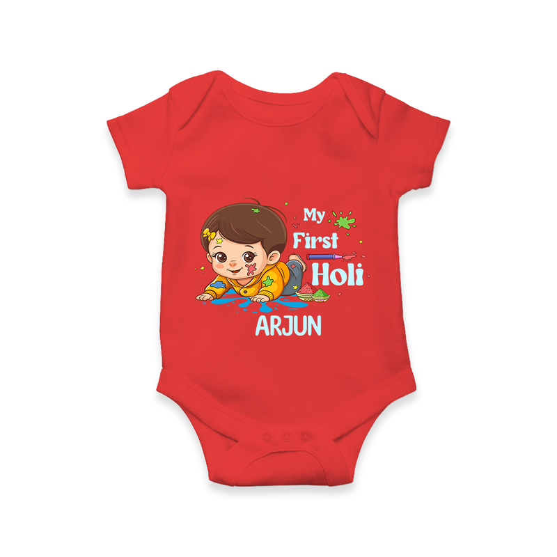 My First Holi - Tiny Hands, Big Colors With Our Customized Romper For Babies With Name - RED - 0 - 3 Months Old (Chest 16")