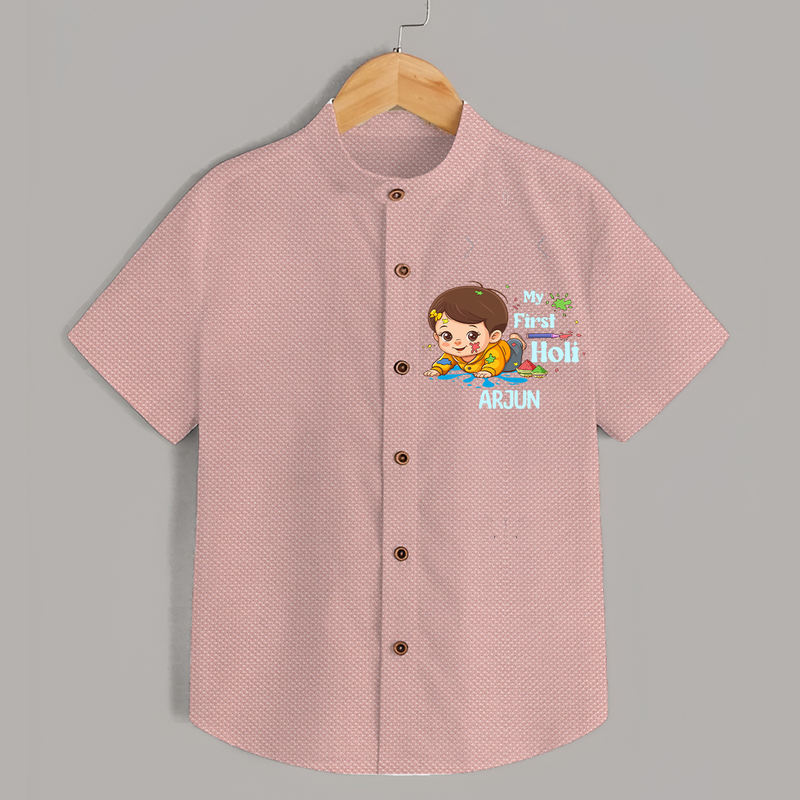 My First Holi - Tiny Hands, Big Colors With Our Customized Shirt For Kids With Name - PEACH - 0 - 6 Months Old (Chest 23")