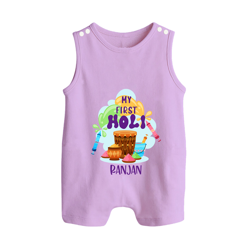 My First Holi - Sprinkled With Love & Colors With Our Customized Romper Suit For Babies With Name - LILAC - 0 - 5 Months Old (Chest 18")