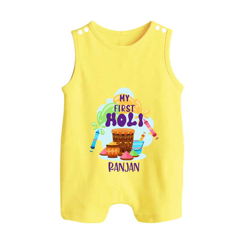 My First Holi - Sprinkled With Love & Colors With Our Customized Romper Suit For Babies With Name - PASTEL YELLOW - 0 - 5 Months Old (Chest 18")