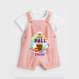 My First Holi - Sprinkled With Love & Colors With Our Customized Dungaree Set For Kids With Name - PEACH - 0 - 5 Months Old (Chest 18")