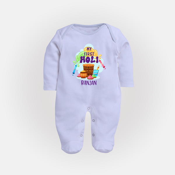 My First Holi - Sprinkled With Love & Colors With Our Customized Sleep Suit For Babies With Name - BABY BLUE - New Born (Chest 7.5")