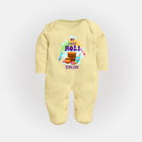 My First Holi - Sprinkled With Love & Colors With Our Customized Sleep Suit For Babies With Name - PASTEL YELLOW - New Born (Chest 7.5")